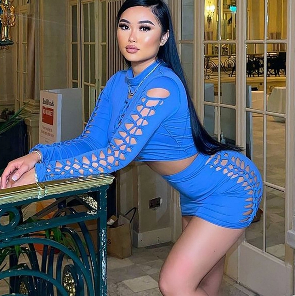 Fashion Nova Kara Cut Out Denim Blue Long Sleeve Mini Skirt Set